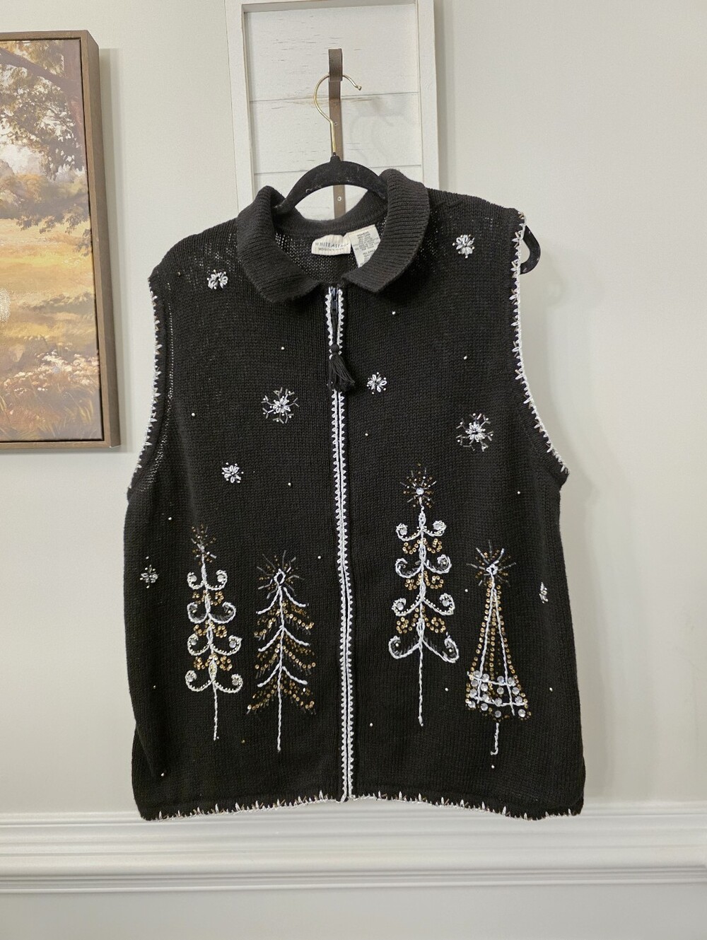 Vintage White Stag Christmas Sweater Vest Black Beaded Tree Snowflake 18W/20W